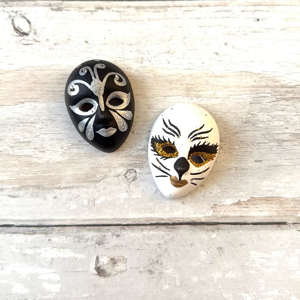 Miniature Masquerade Theater Masks Black White Gold Details Set of 2
